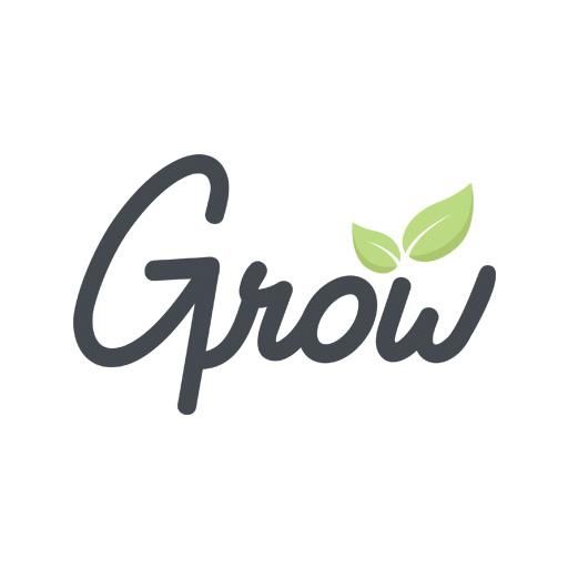 A logo for a company called grow with leaves on it.