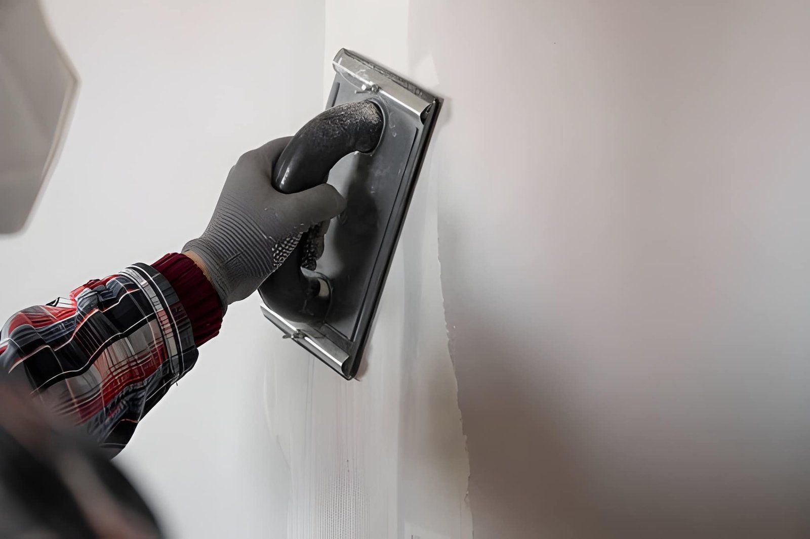 Gloved hand smoothing plaster on a wall with a trowel