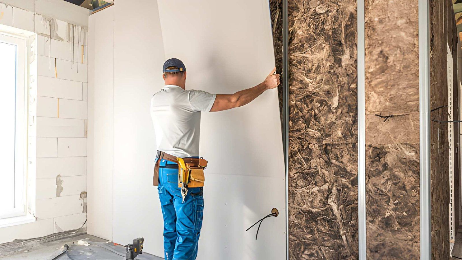 Worker installing insulation in a wall cavity inside a partially finished room