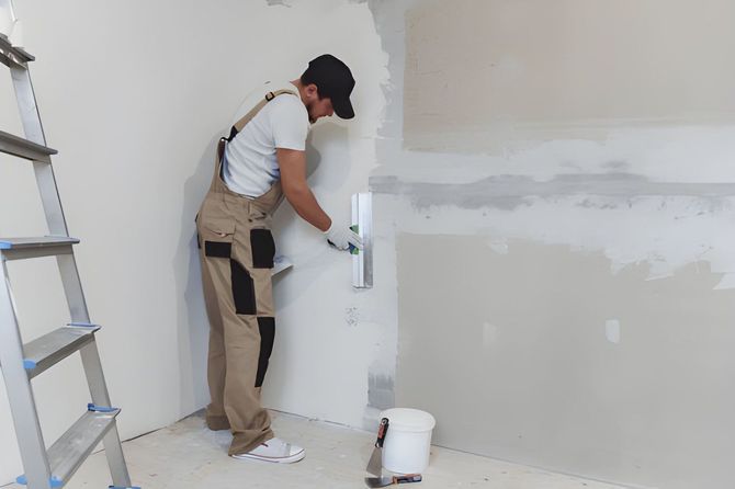 Worker installing a door handle in a room under renovation, with a ladder and paint bucket nearby.