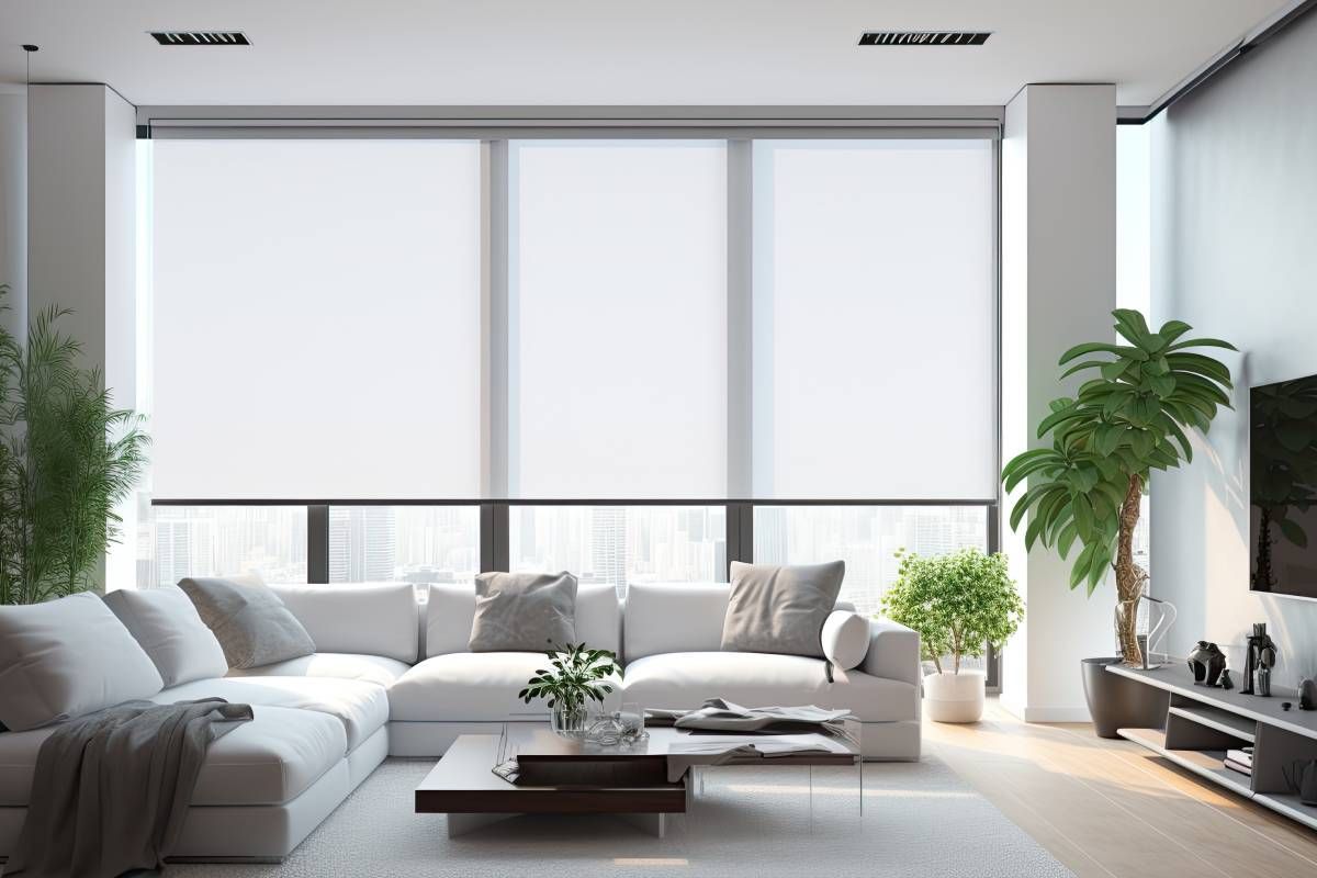 Apartment with a light color scheme and white motorized roller shades near San Diego, California
