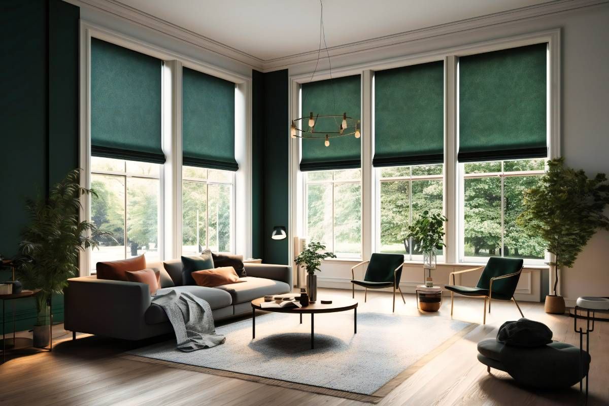 Simple living room with a green color scheme, several plants, and large windows with roller shades near San Diego, California