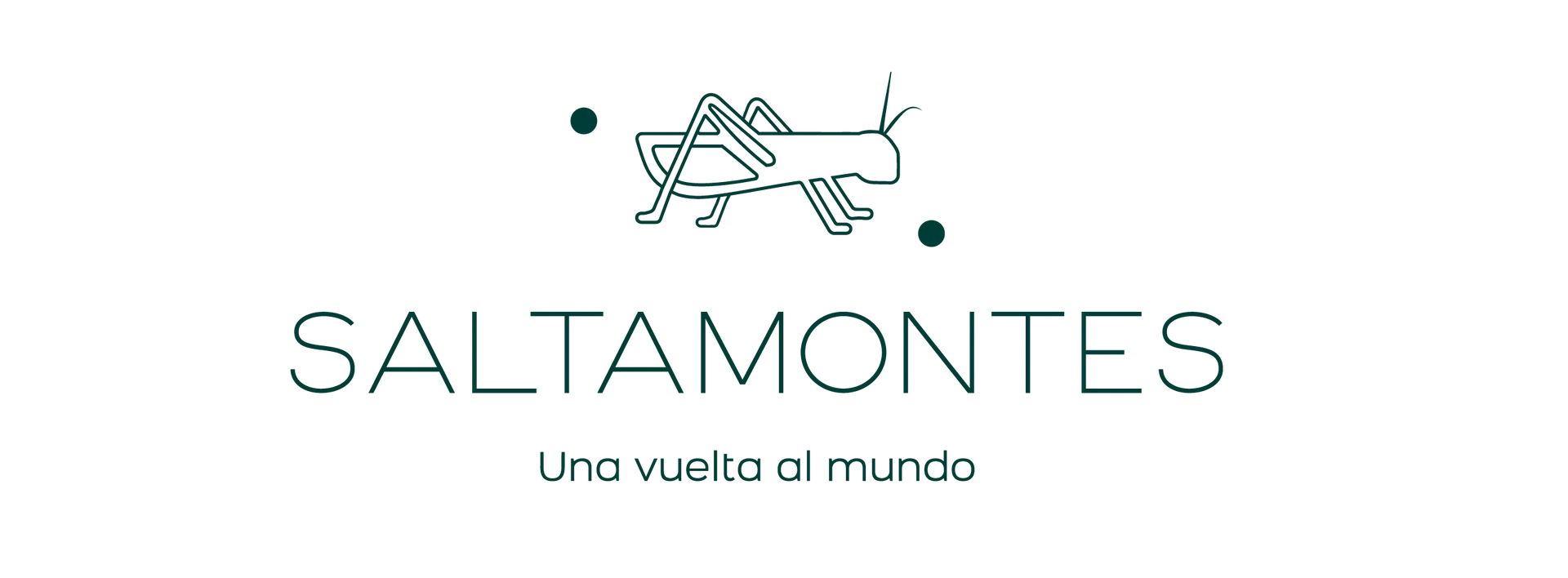 Logo de SALTAMONTES con ilustración de un saltamontes y el lema “Una vuelta al mundo” sobre fondo blanco