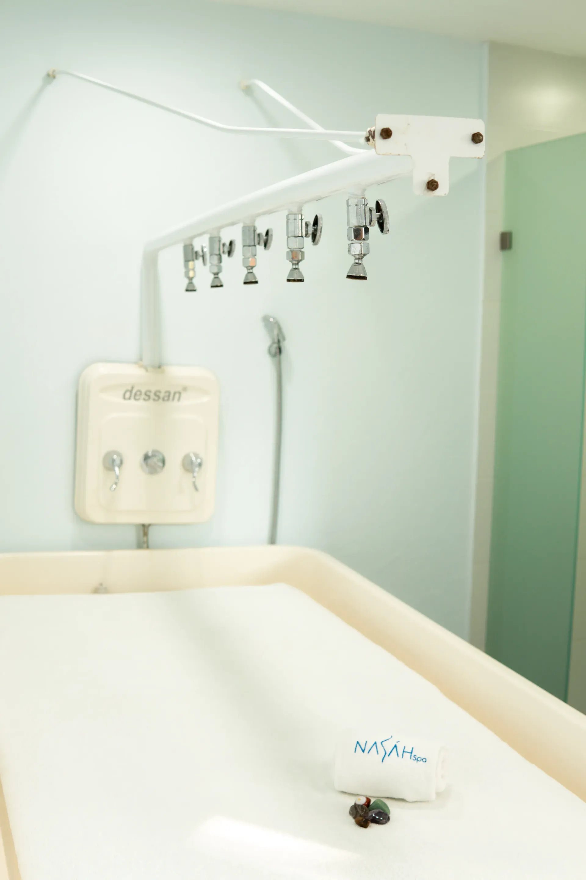 Lavabo blanco con espejo, grifería de ducha  y puerta de ducha de cristal en habitación luminosa de color verde menta.