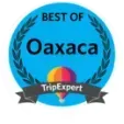 Logotipo circular azul de TripExpert “Lo mejor de Oaxaca” con texto negro e icono de cinta