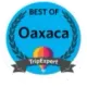 Logotipo circular azul de TripExpert “Lo mejor de Oaxaca” con texto negro e icono de cinta