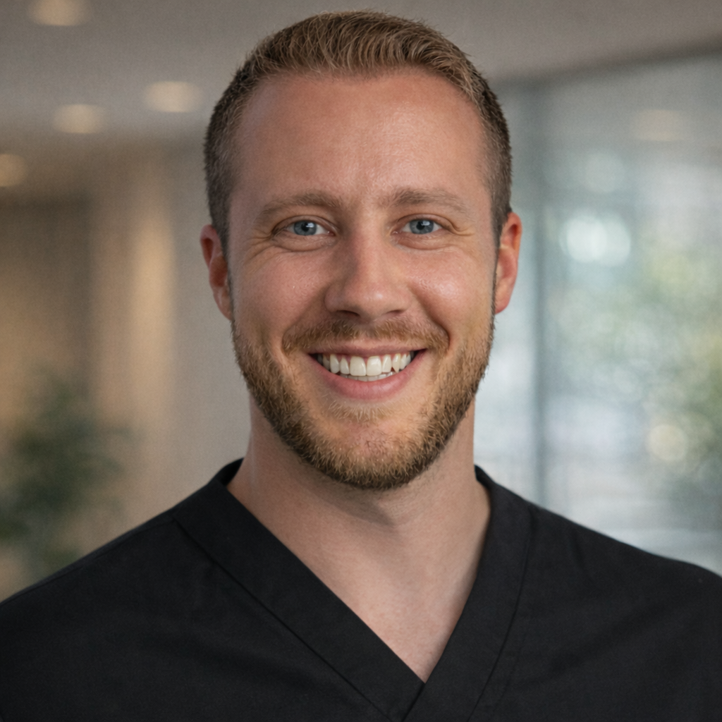 Dr. Kevin, a man with a beard and short hair, wearing a black shirt with logo 