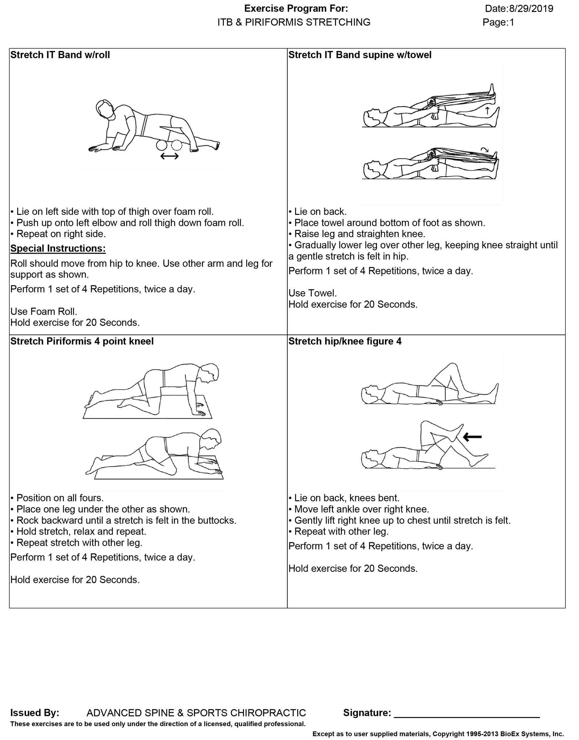 Exercise instruction sheet showing illustrations of various exercises.