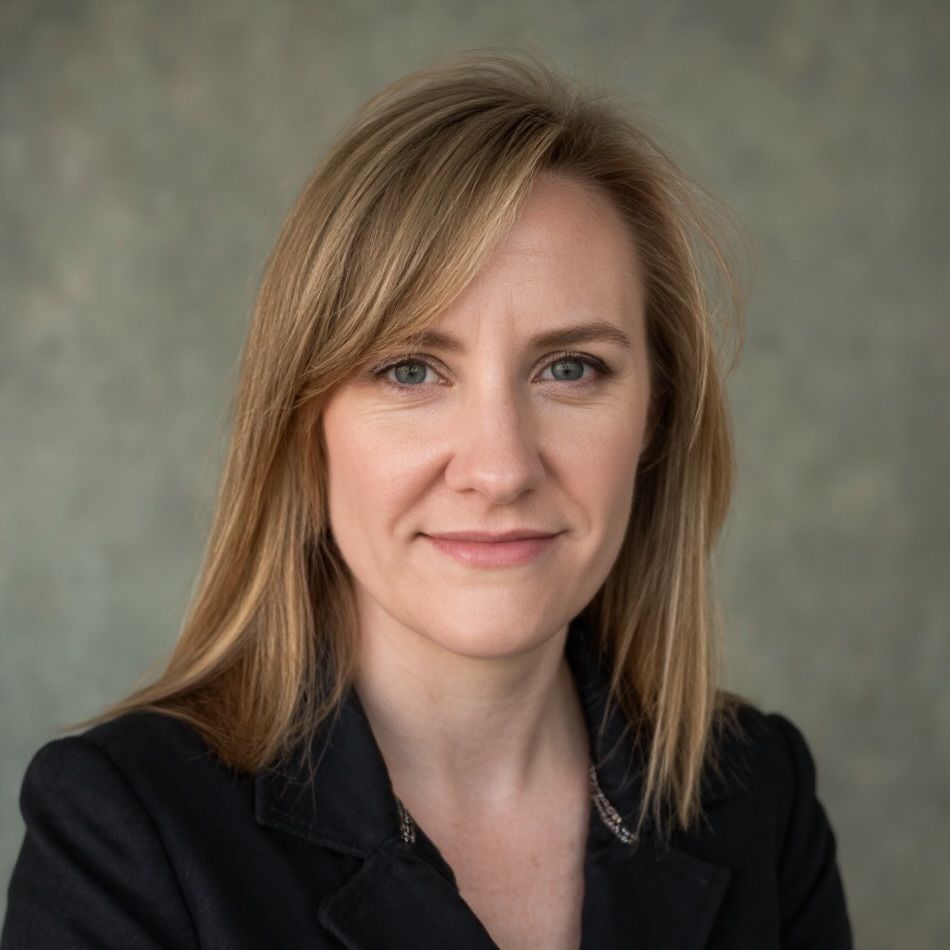 Woman with blonde hair, wearing a black blazer, smiles in front of a neutral backdrop.