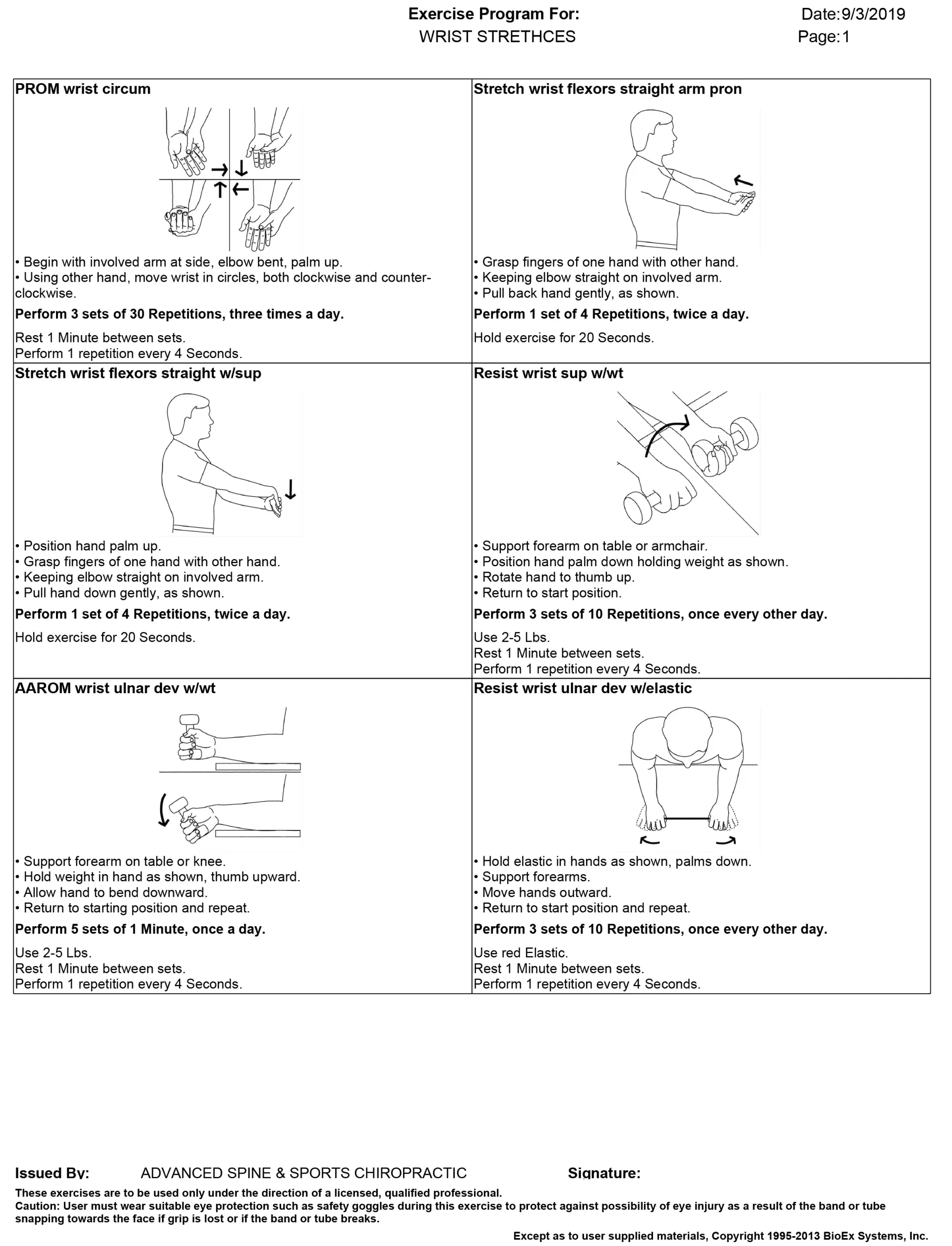 Diagram illustrating exercises for a rehabilitation program, featuring various arm and hand movements.