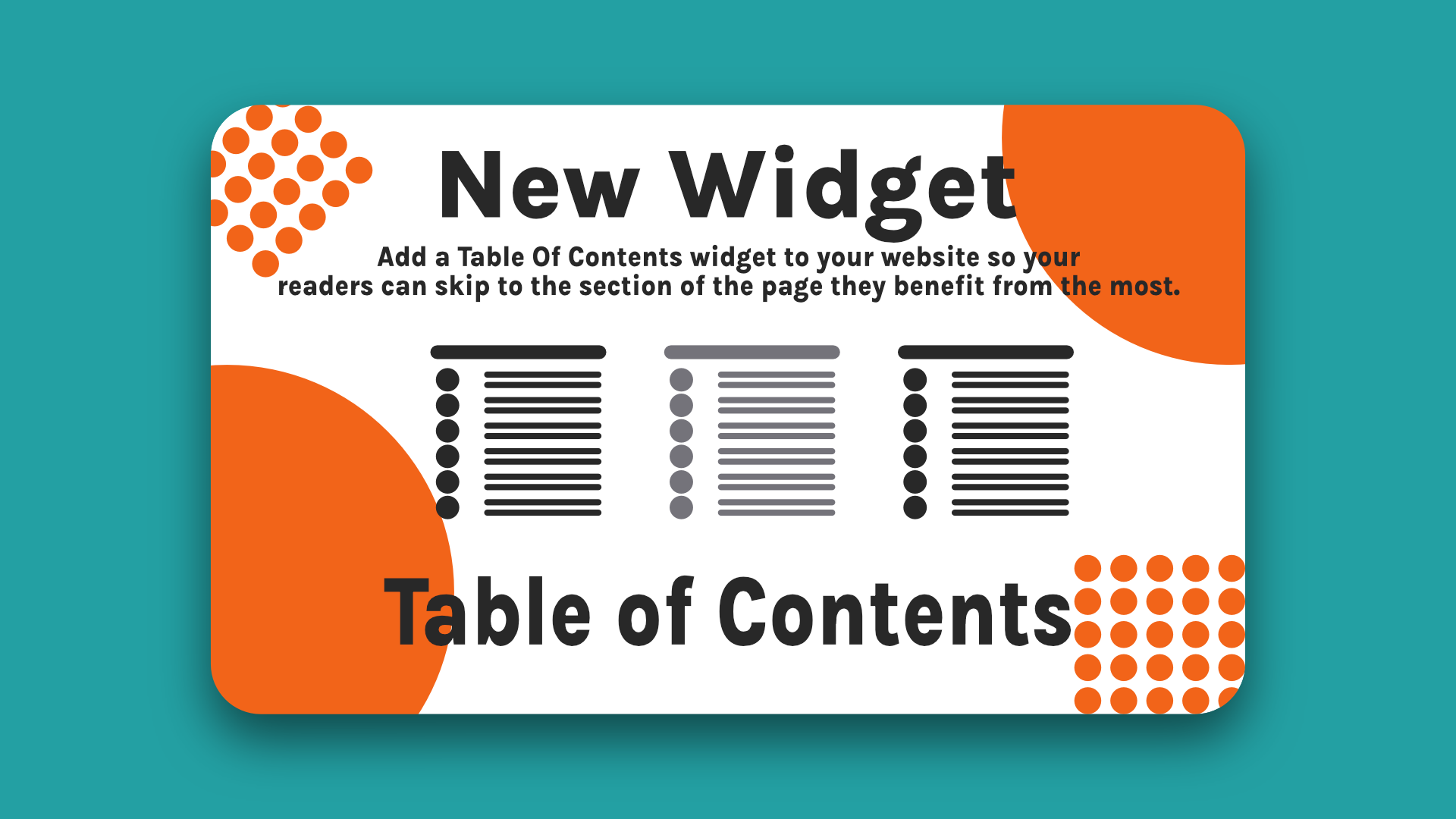 A card that says ' new widget table of contents ' on it