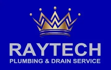 Logo for Raytech Plumbing & Drain Service: gold crown, silver text on a blue background.