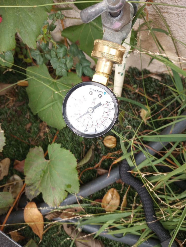 Water pressure gauge connected to an outdoor faucet, set in a garden with leaves and grass.