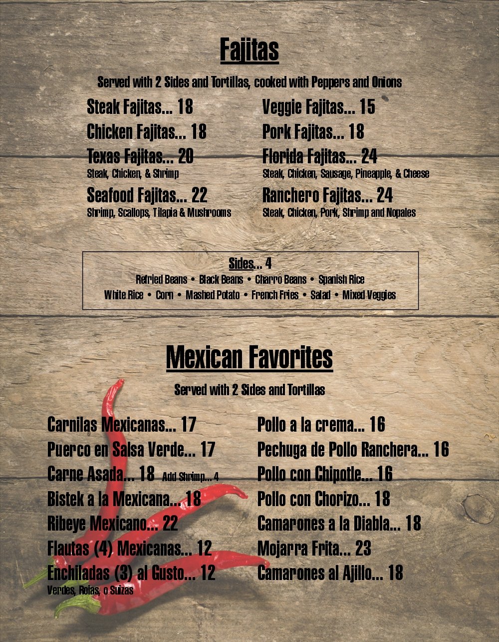 Menu Fajitas Mexican Grille