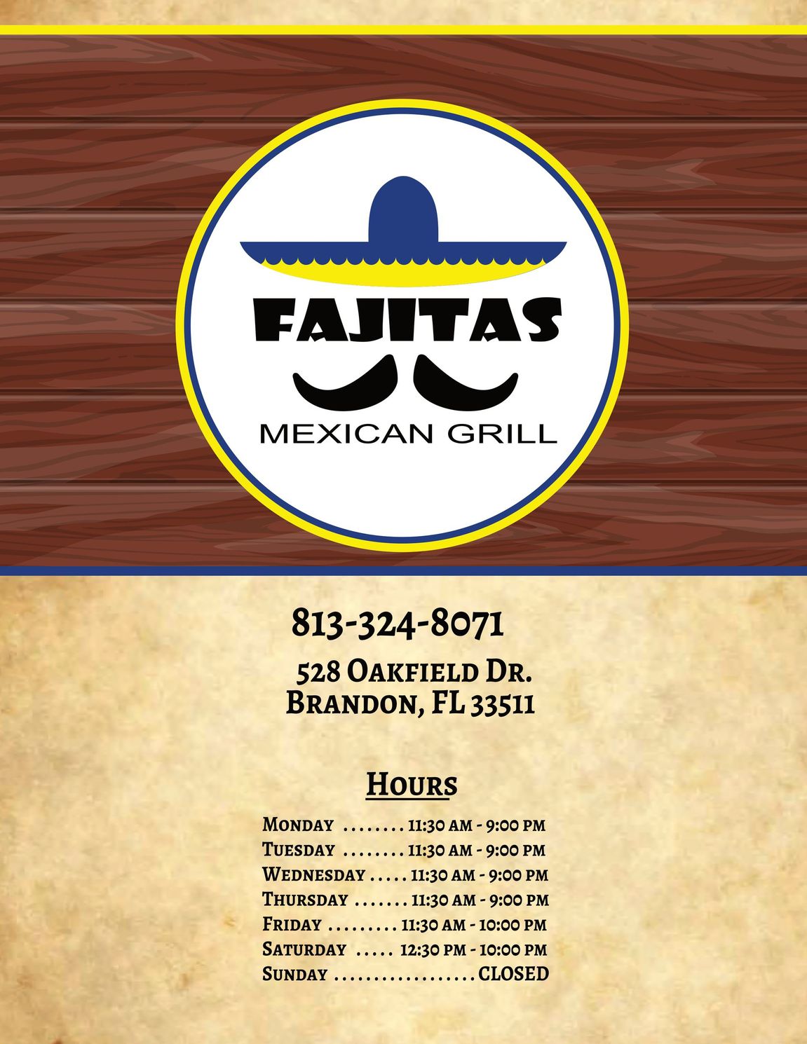A menu for fajitas mexican grill in brandon florida