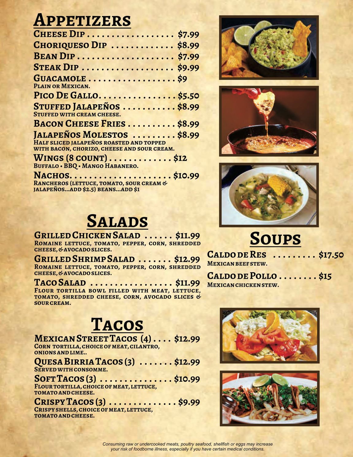 A menu for a restaurant includes appetizers salads soups and tacos