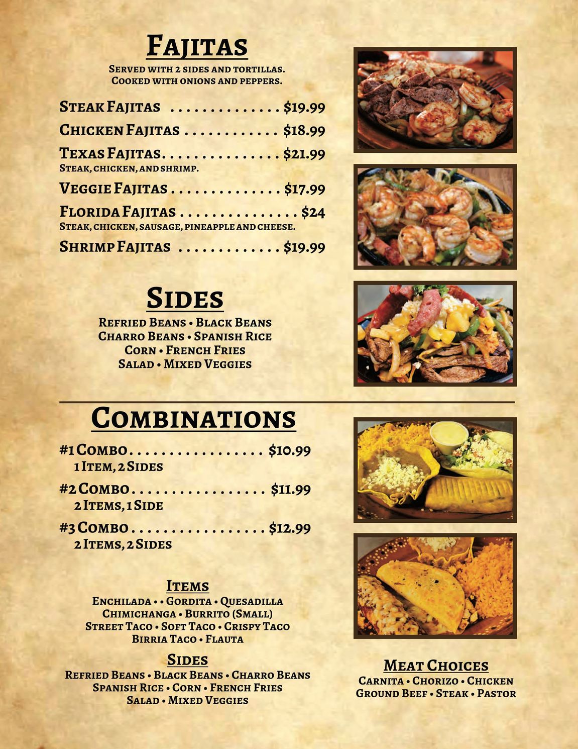 A menu for fajitas and combinations with pictures of food