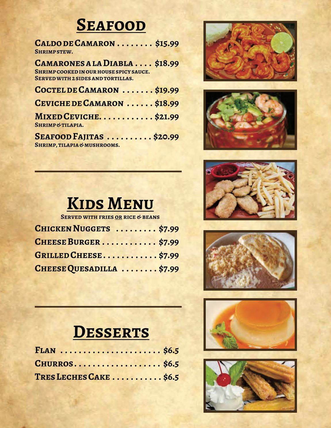 A menu for a restaurant includes seafood and desserts