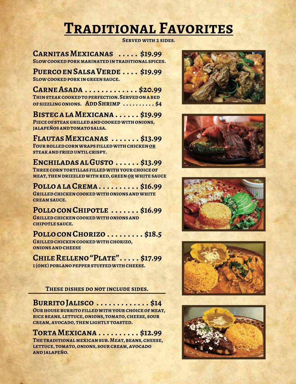 A menu with traditional favorites on it