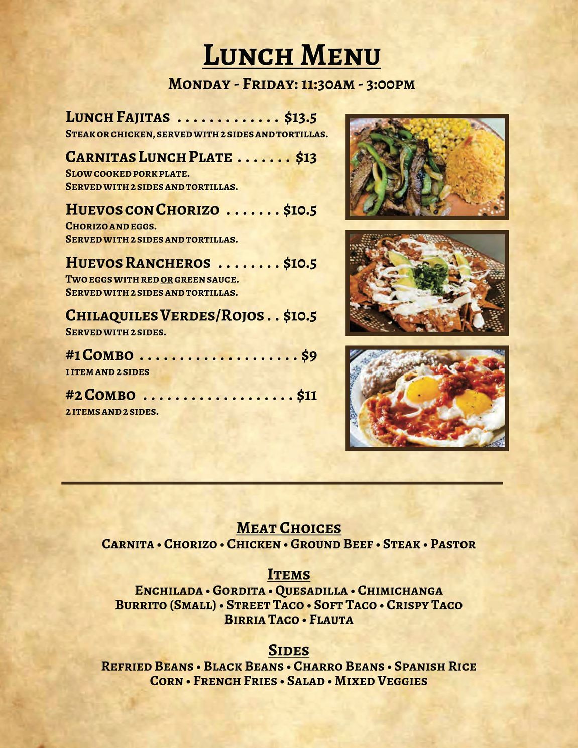 A lunch menu for a restaurant with pictures of food on it