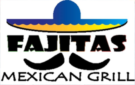 A logo for fajitas mexican grill with a sombrero and mustache
