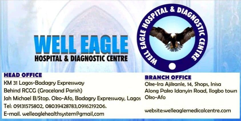 Banner for Well Eagle Hospital & Diagnostic Centre featuring their eagle logo, contact information, and office locations.