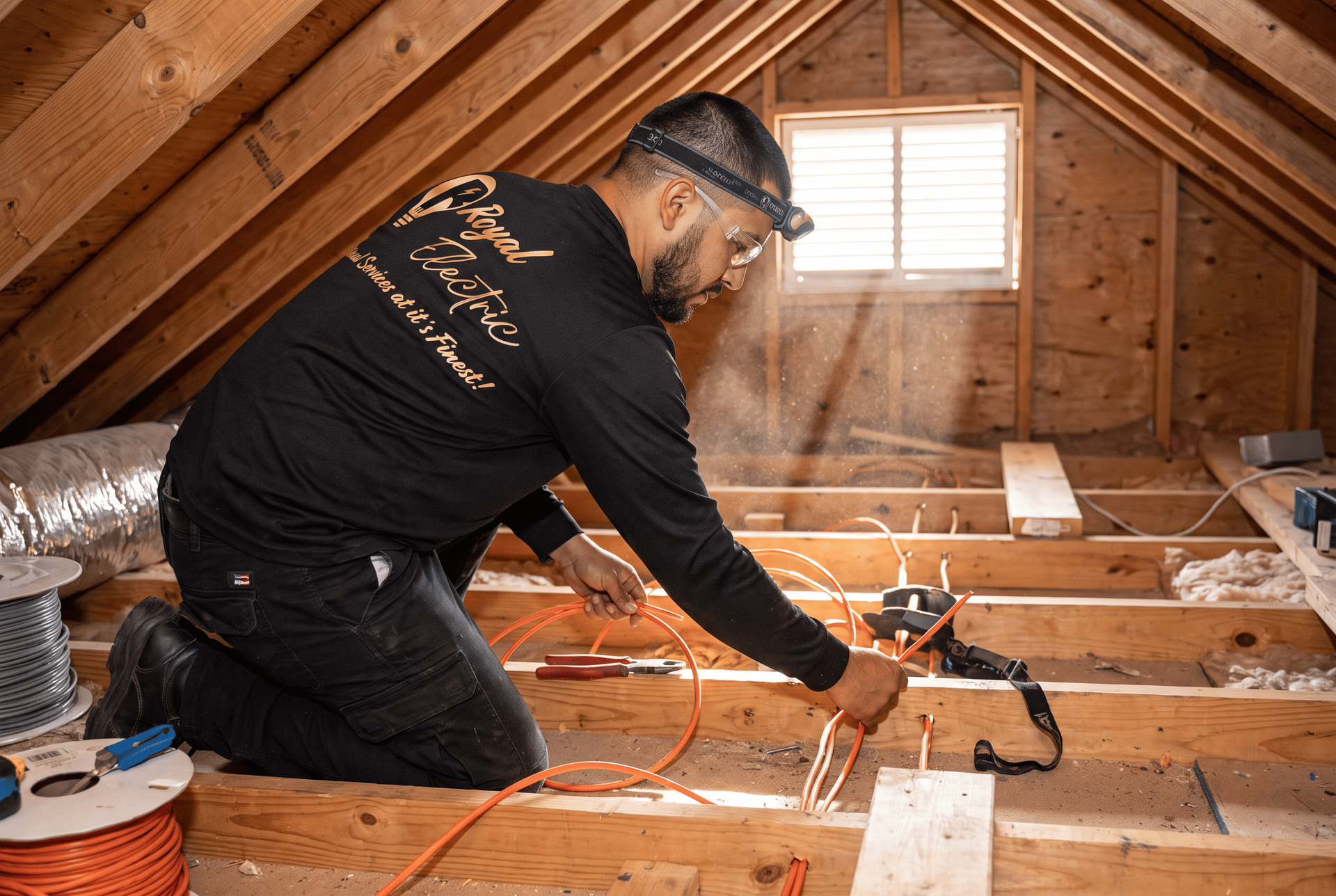 Person working with a power tool in a wooden attic under construction