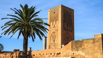 Historic stone tower beside a palm tree under a blue sky, with fortress walls in the foreground