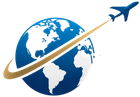 Blue globe with a gold swoosh and airplane, suggesting global travel or airline logo