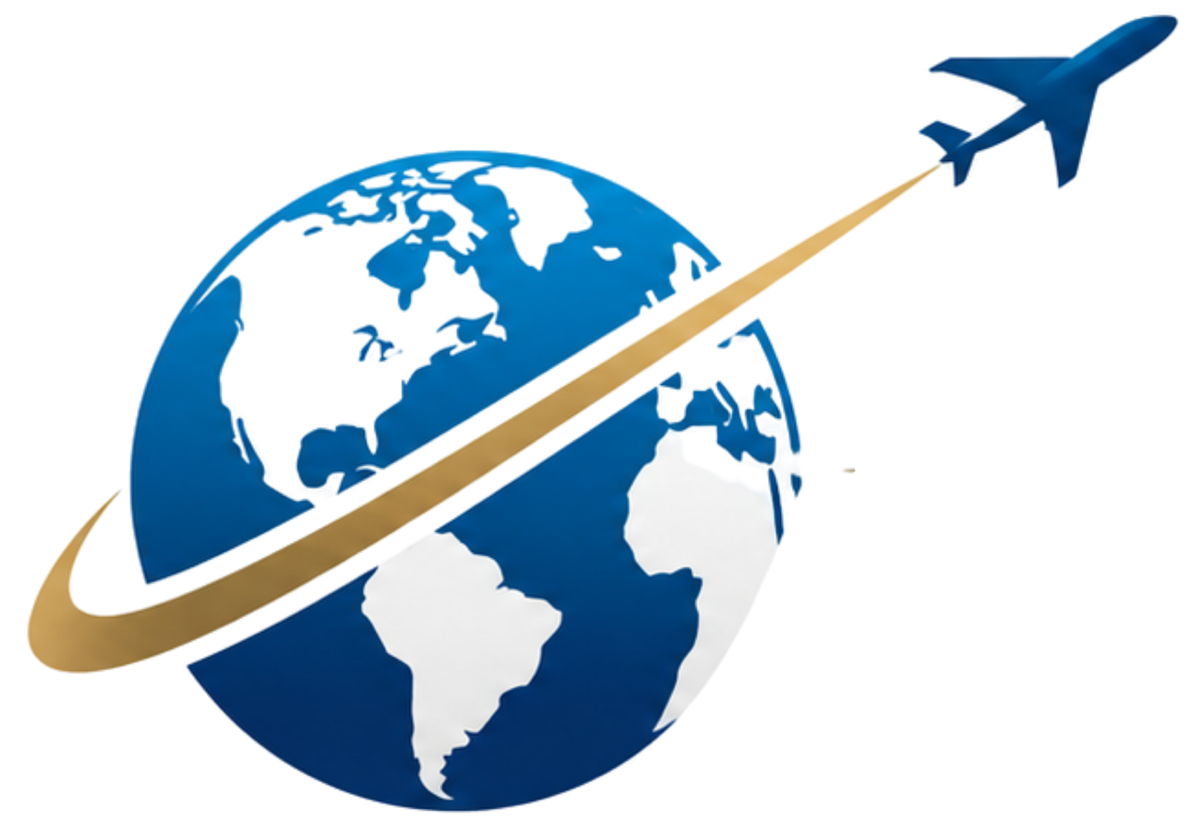 Blue globe with a gold swoosh and airplane, suggesting global travel or airline logo