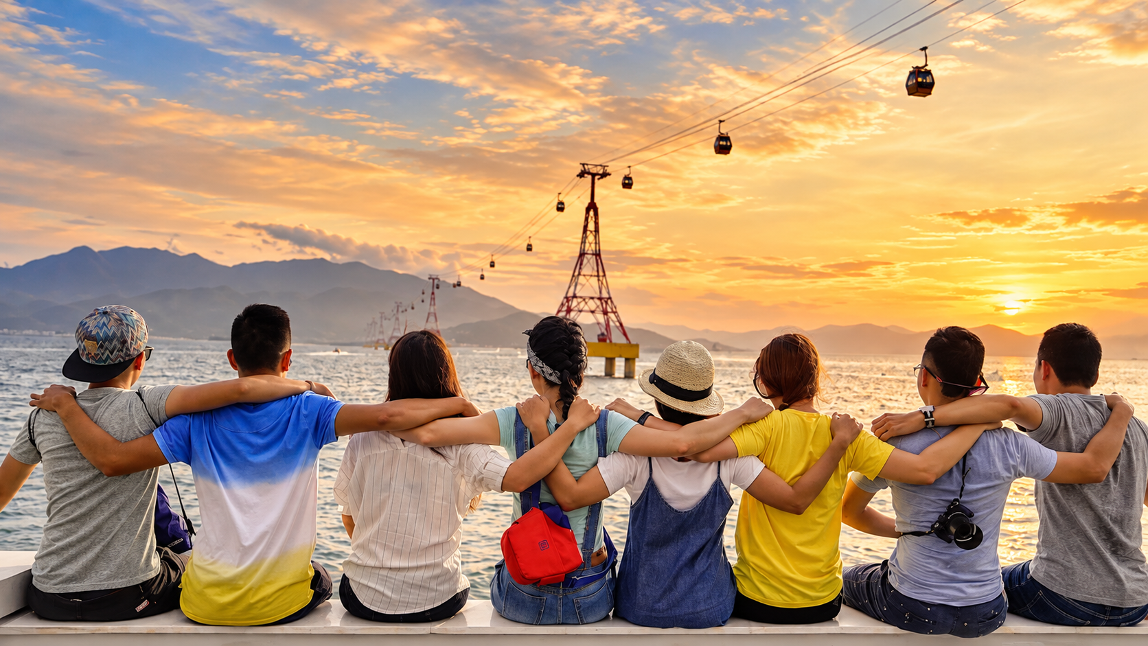Friends sit with arms around each other, watching sunset over a beach with cable cars overhead.