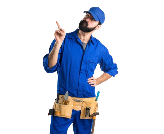 a man in a blue jumpsuit and hat is pointing up .