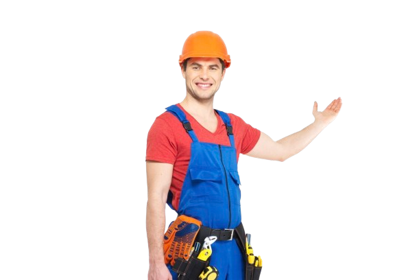 a man wearing overalls and a hard hat is holding a tool belt .