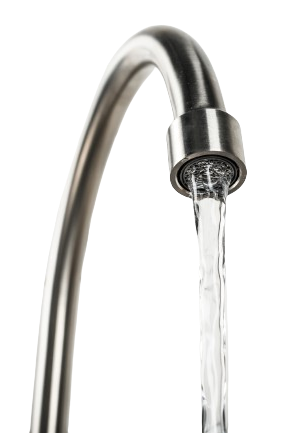 a close up of a faucet with water running out of it on a white background .
