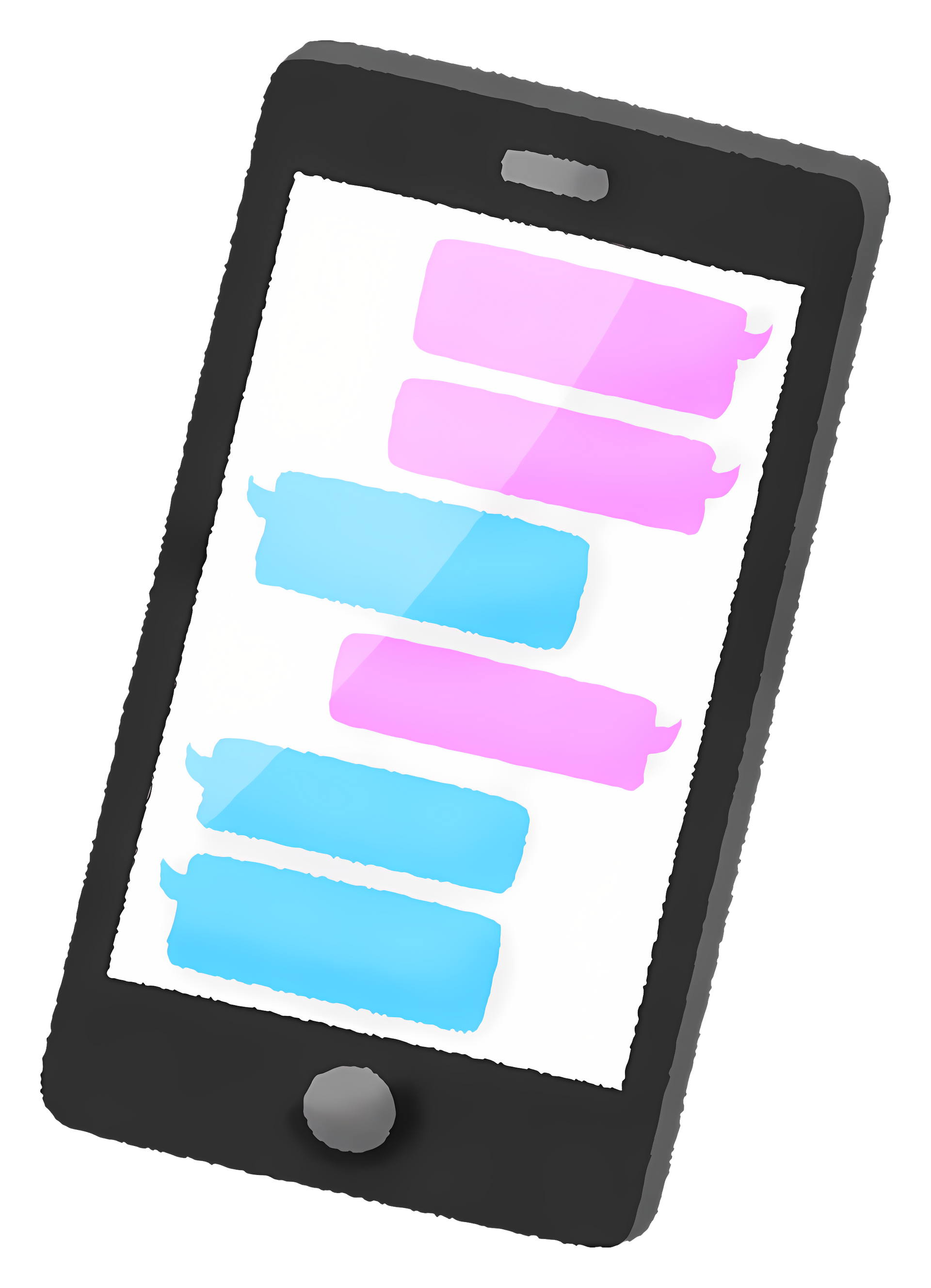 a cell phone with pink and blue speech bubbles on the screen .