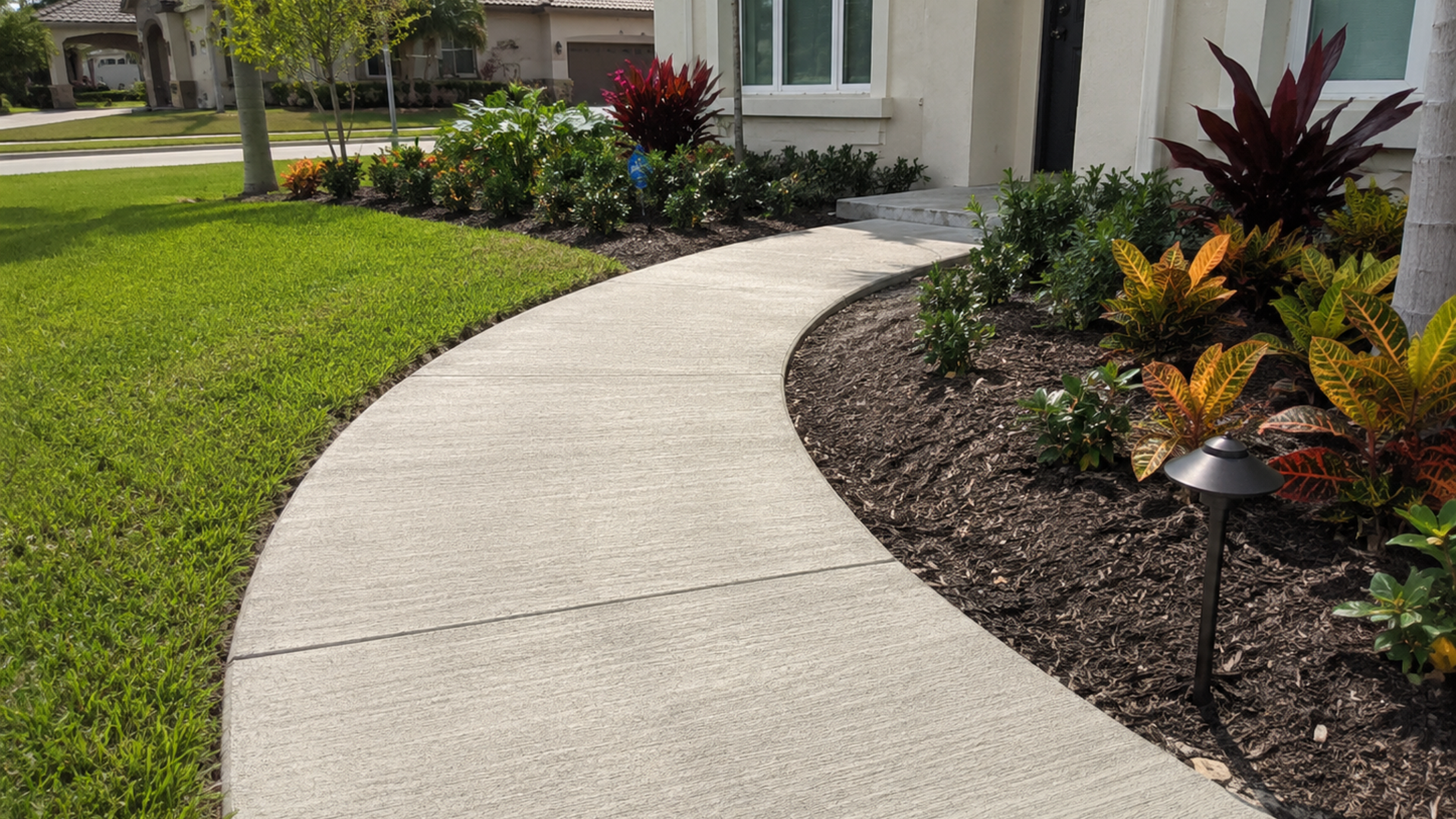 Broom-finished concrete walkway with textured slip-resistant surface at a Naples FL home