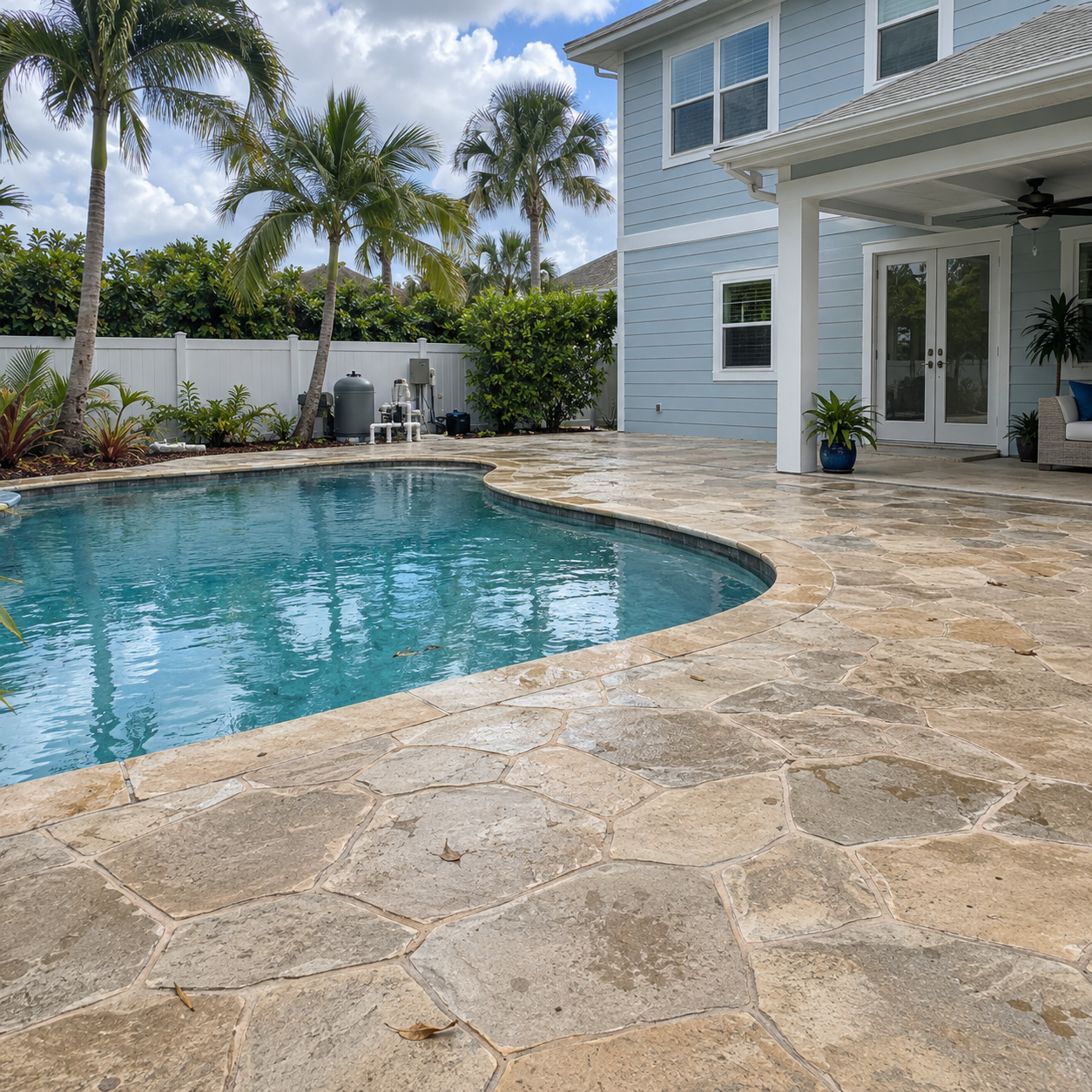 Stamped concrete pool deck with a stone pattern at a Naples, Florida home