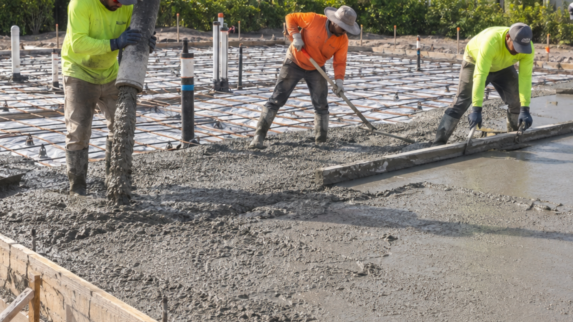 Crew pouring a reinforced concrete foundation slab at a Naples, Florida home site