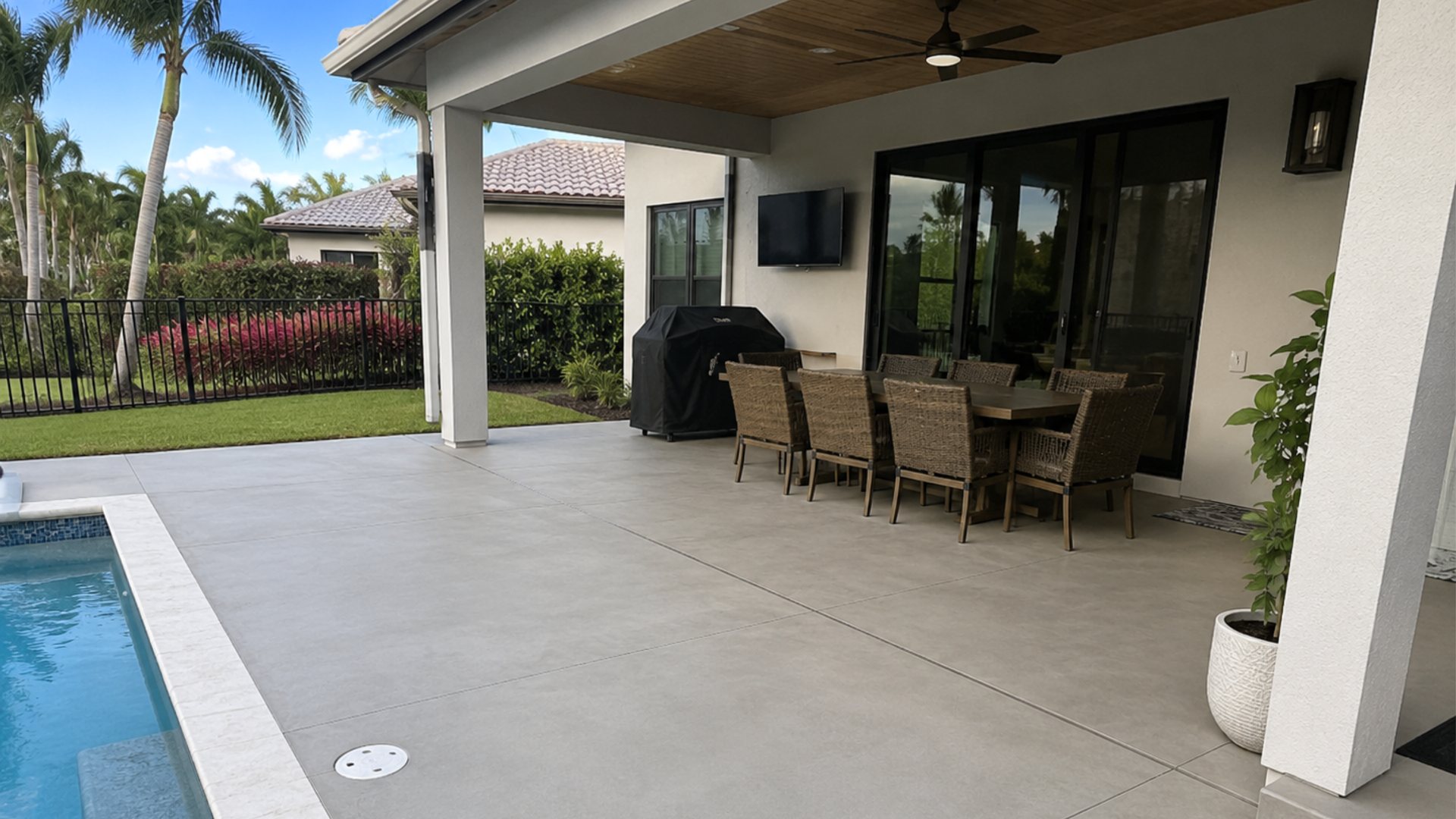  Stamped concrete patio with outdoor seating and a pool in a Southwest Florida backyard