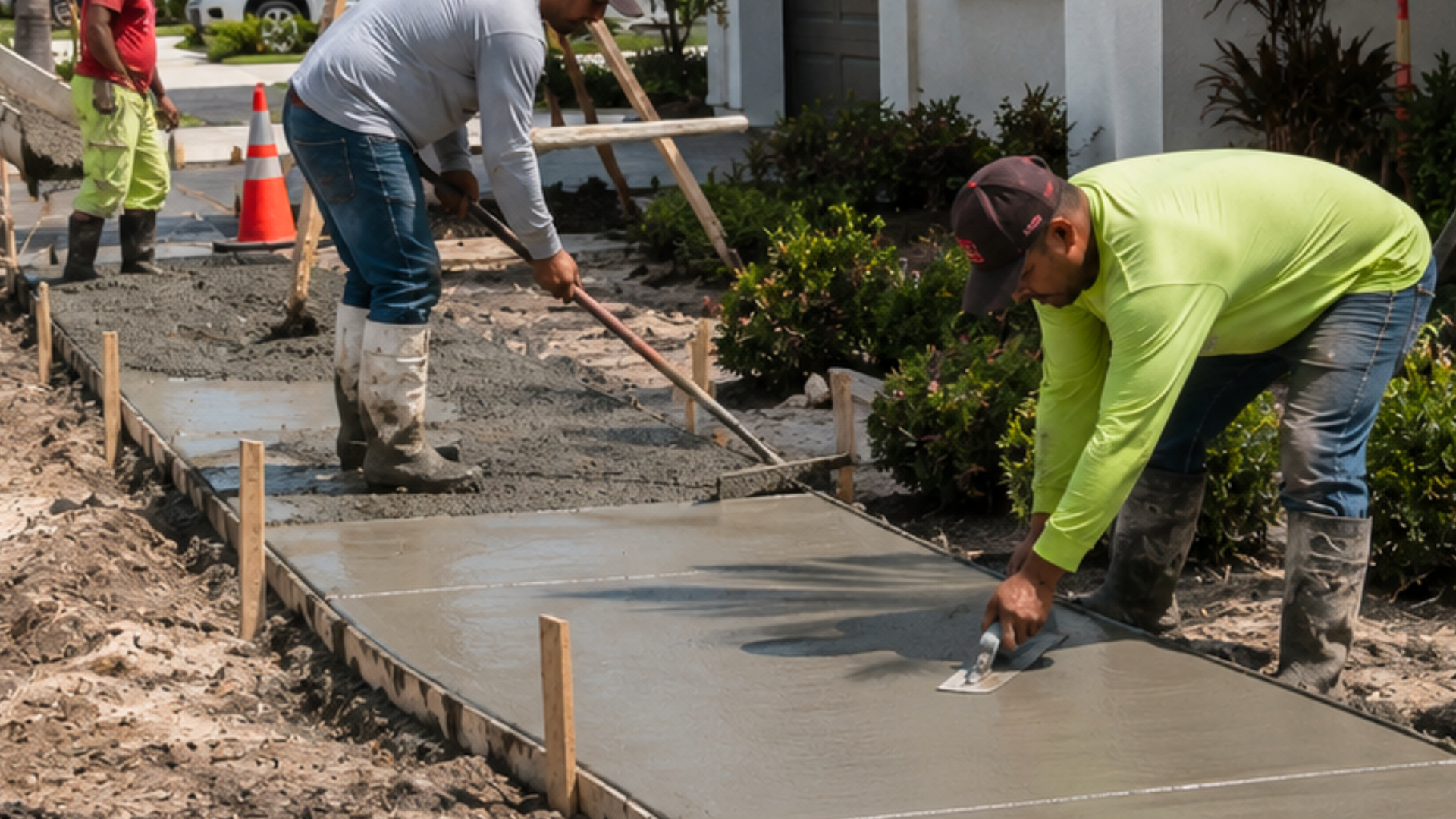 Workers pouring and finishing a new concrete sidewalk at a Naples FL property