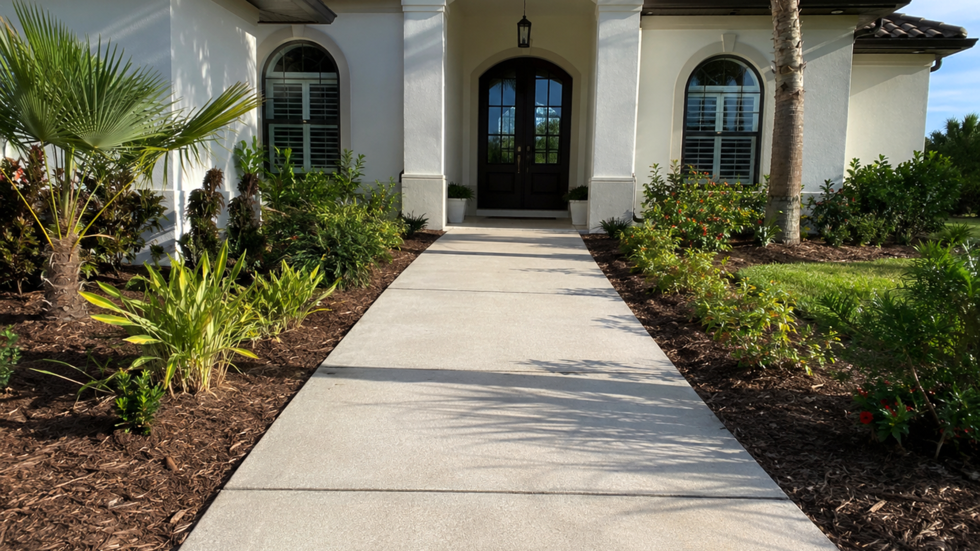 Finished concrete walkway leading to a residential home entrance in Naples FL