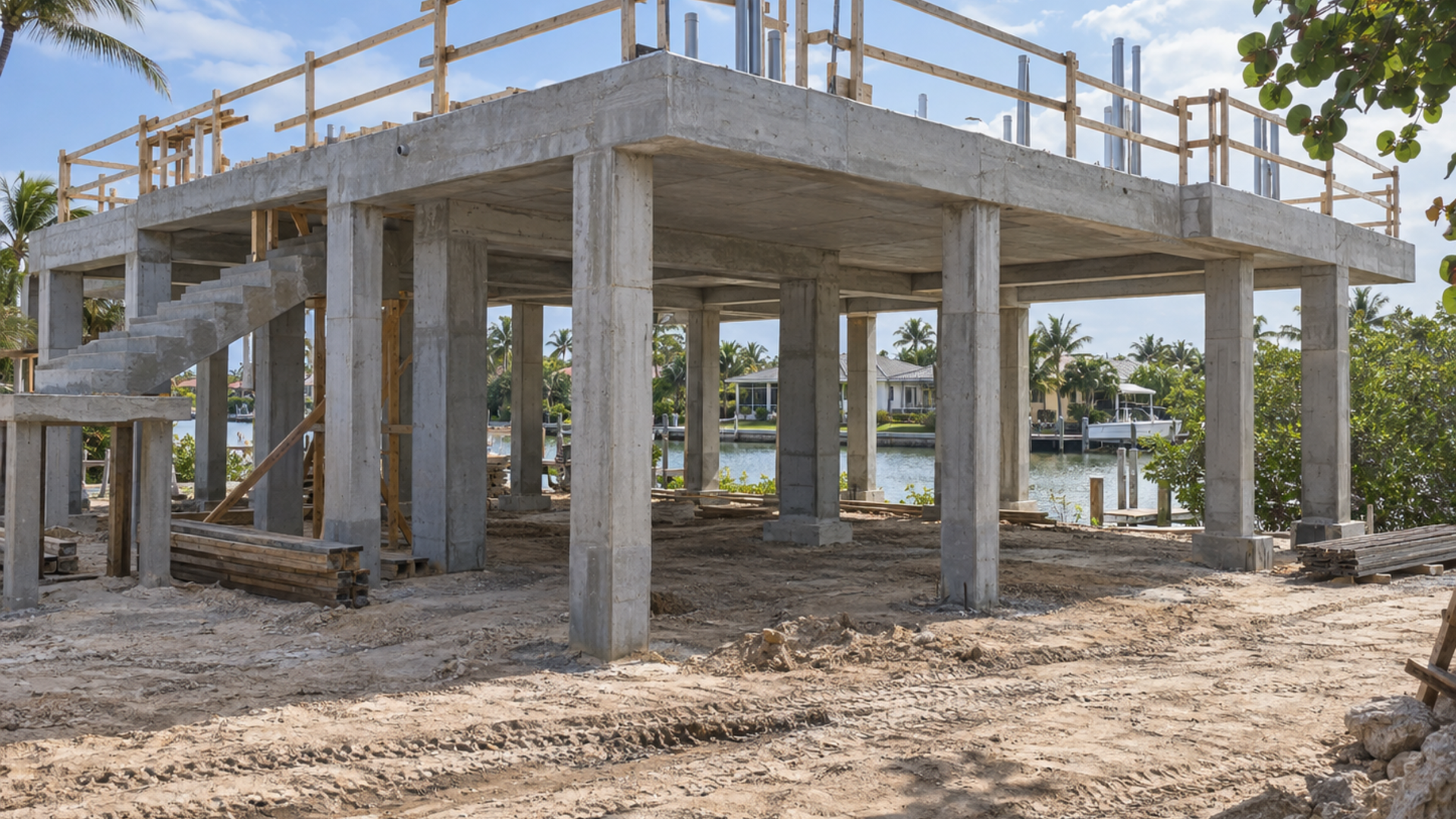 Elevated concrete foundation on piles raising a coastal Naples home above the flood level