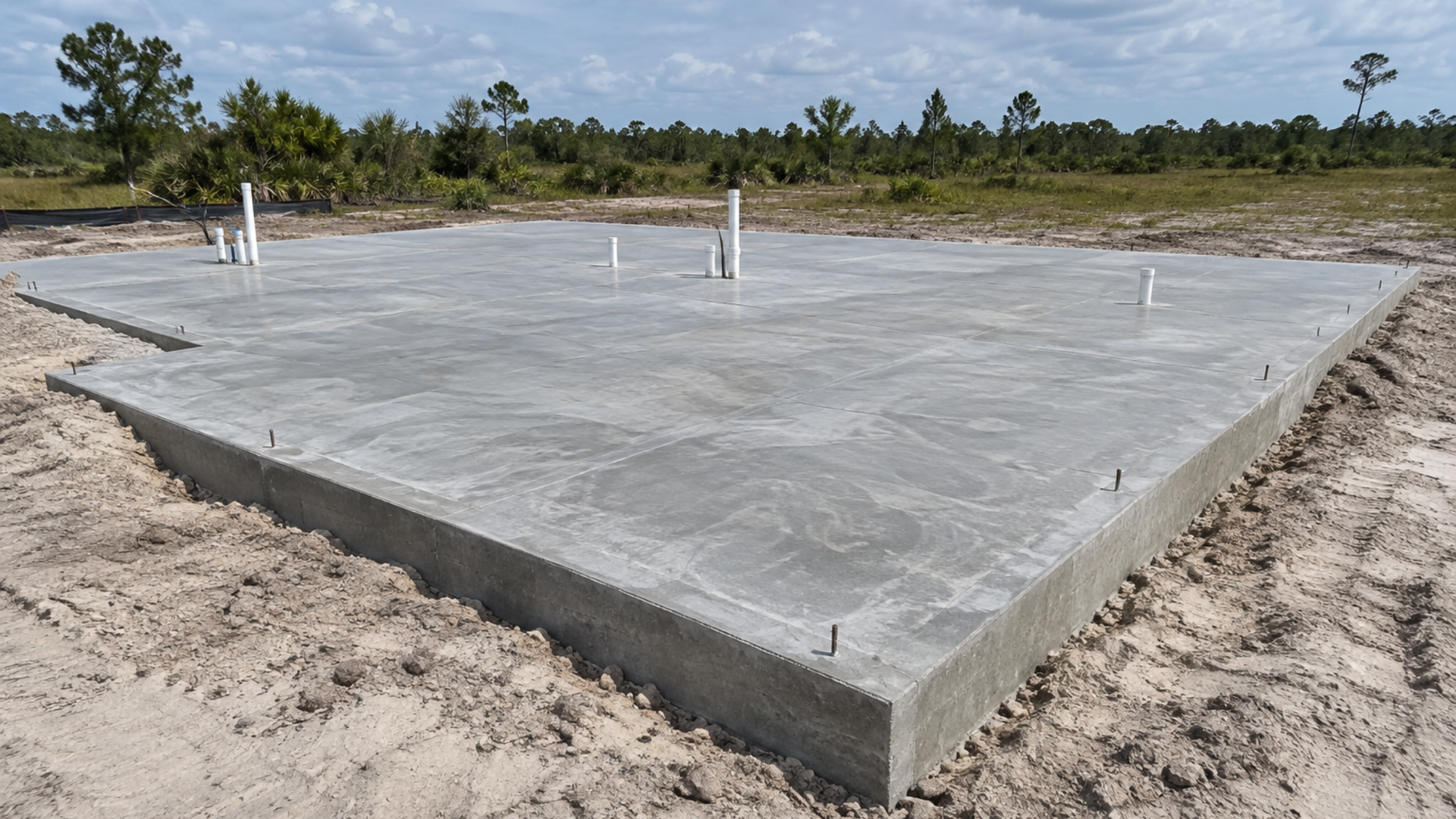 Monolithic concrete slab foundation with a thickened edge poured on a flat Naples lot