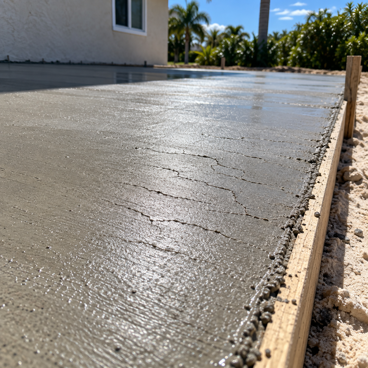 Fine plastic shrinkage cracks on a fresh concrete slab drying in the Florida heat