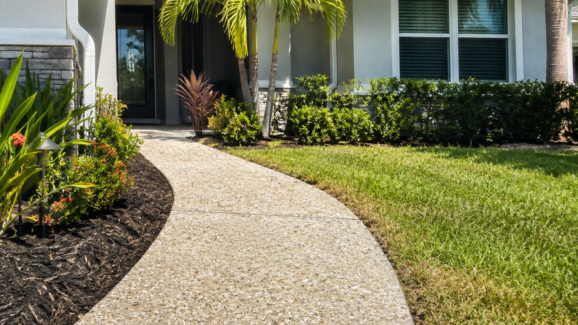 Shell finish concrete walkway with exposed aggregate texture at a residential property in Naples FL