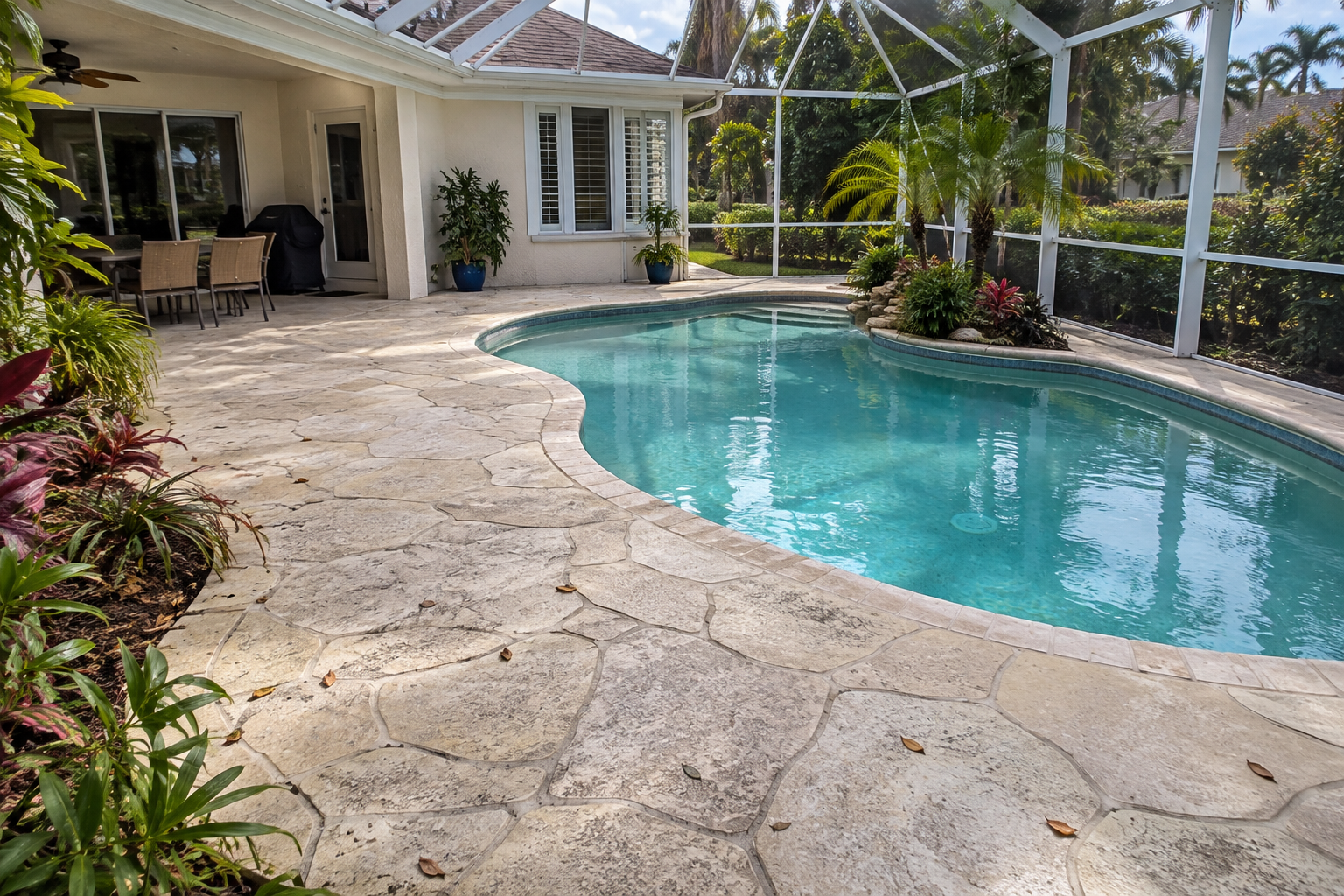 Stamped concrete pool deck with a stone pattern at a Naples, Florida
