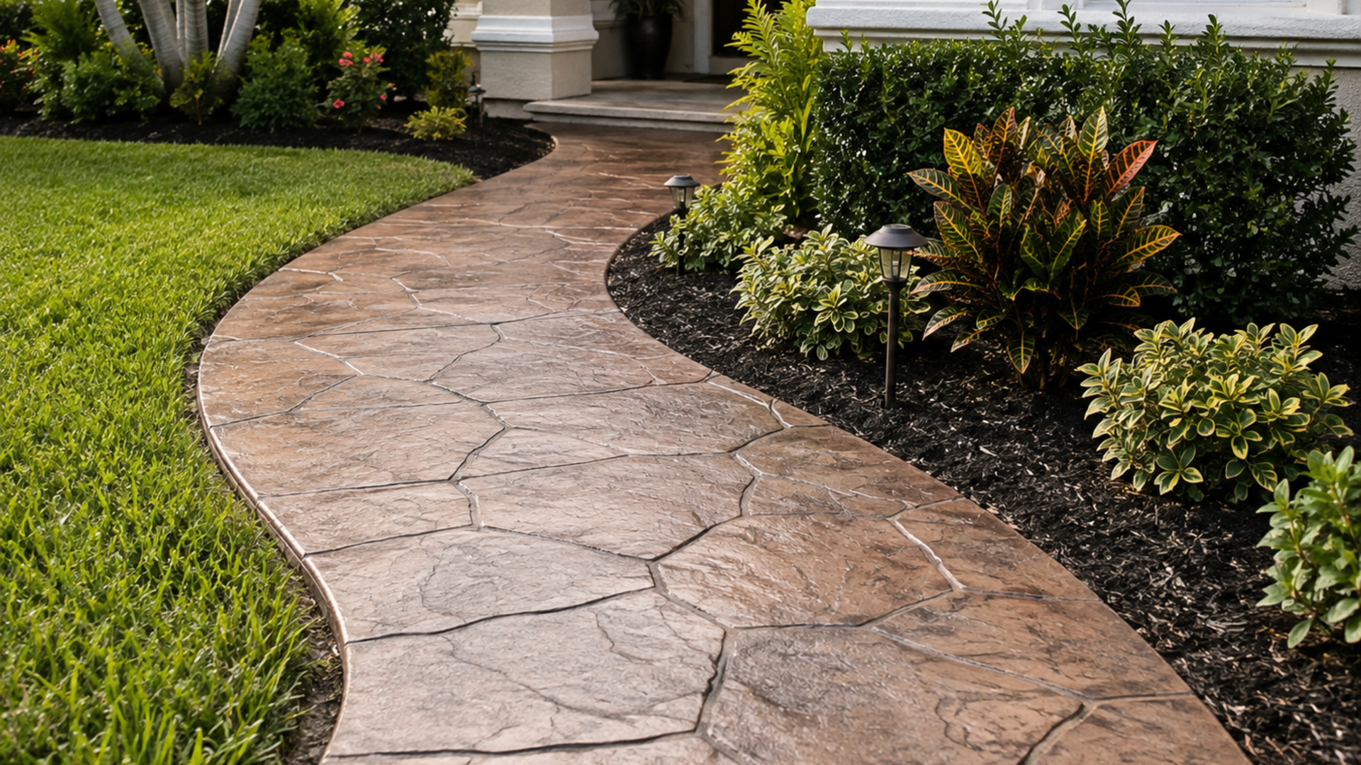 Stamped concrete walkway with decorative stone pattern leading to a Naples FL home