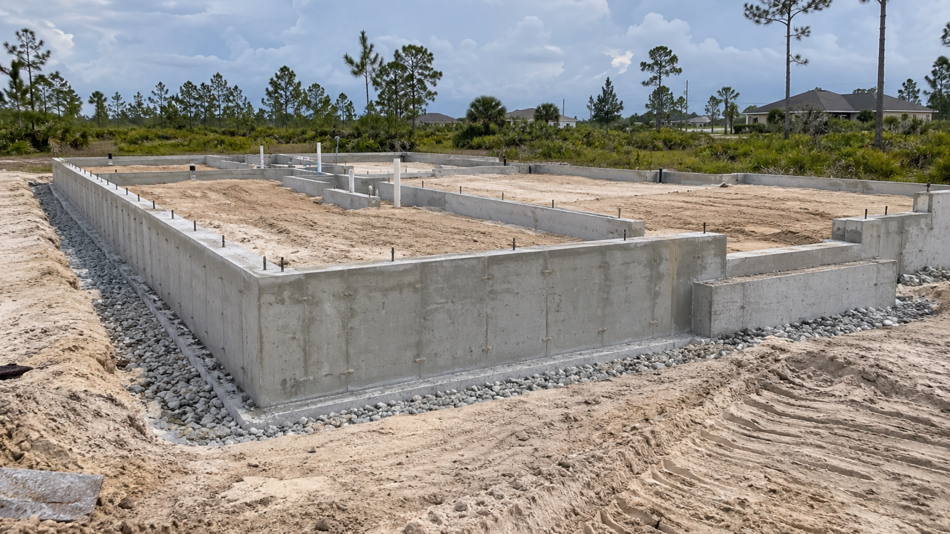 Concrete stem wall foundation with a raised perimeter on a flood-prone Southwest Florida lot
