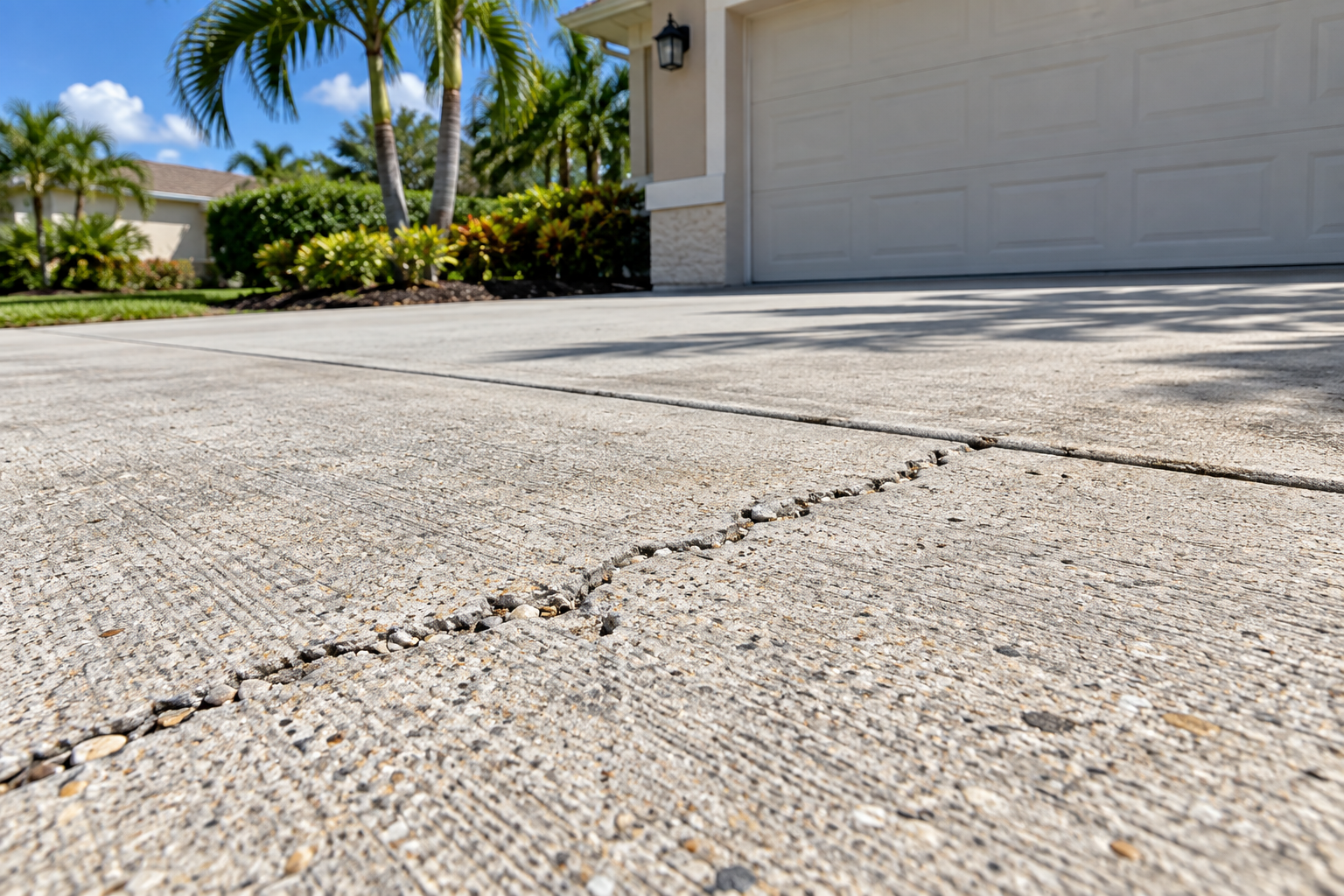 Close-up of a cracked concrete driveway on a sunny Southwest Florida property