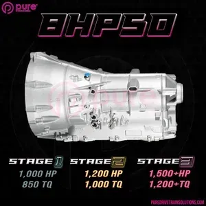 Pure BHP50變速箱圖示,包含三個升級階段以及馬力/扭力額定值,黑色背景。